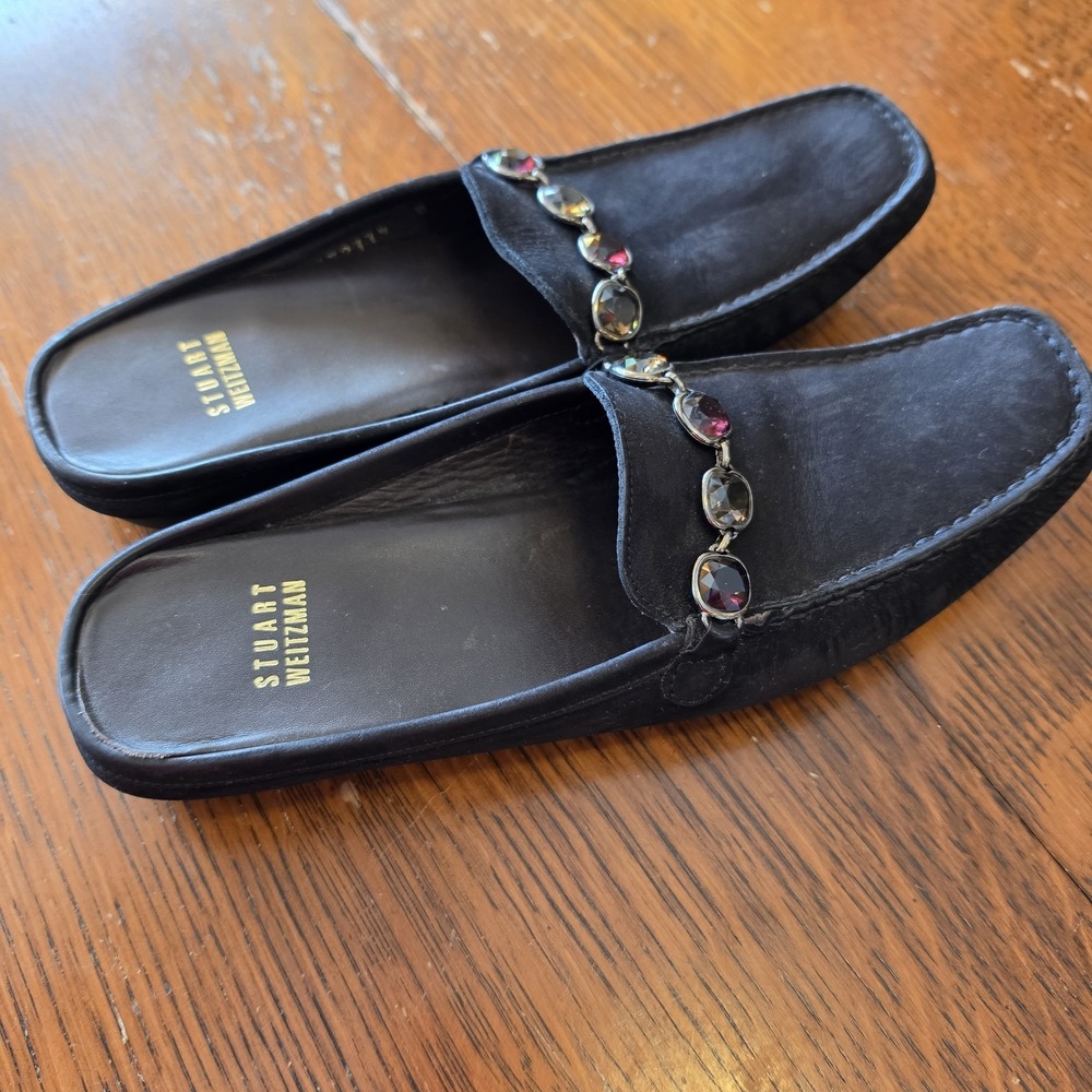 Stuart Weitzman Black Suede Square Toe Jeweled Mules Size 8 Extra Narrow Elevate